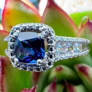 Vintage, Sterling Silver, Sapphire And CZ Ring, Size 6 3/4, 2.65 Grams